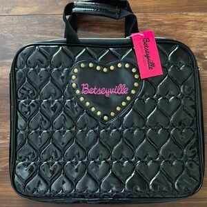 Betsey Johnson Betseyville Black Patent Quilted Heart Laptop Bag, New!